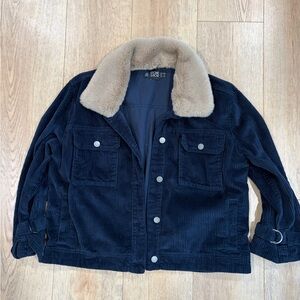 Stone Row Corduroy Sherpa Collar Jacket Women’s Small Navy Cropped Trucker Coat